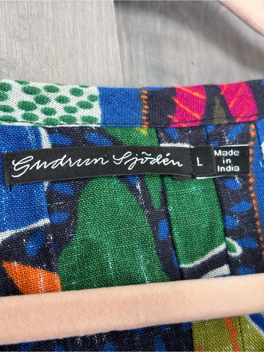 Gudrun Sjoden 100% Linen Blue Black Colorful Fruit Dress lagenlook Size Large - Picture 10 of 11